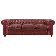 Vintage 1950s French Red Leather Chesterfield Sofa