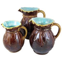 Joseph Holdcroft English Majolica Graduated Sack and Rope Pitchers, S/3