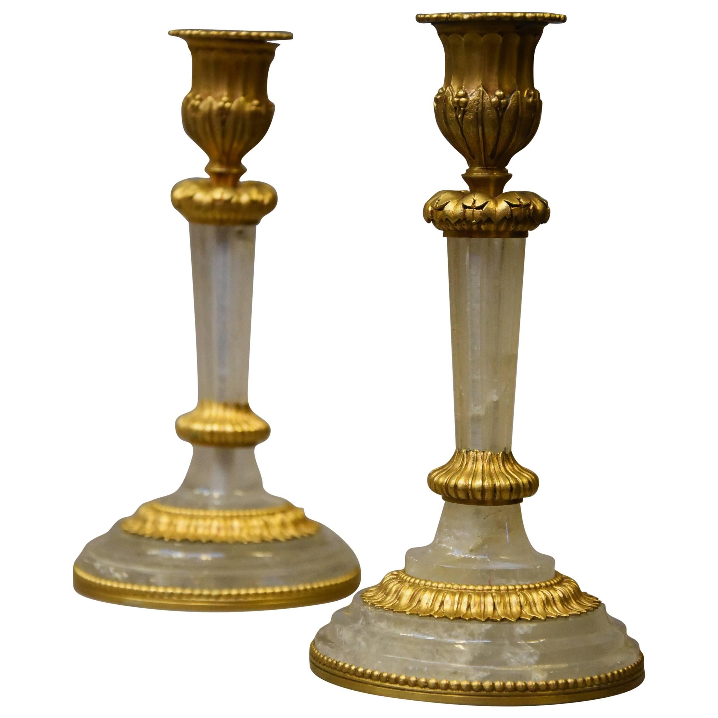 Pair of Elegant Early 20th Century Rock Crystal and Ormolu Candlesticks For Sale