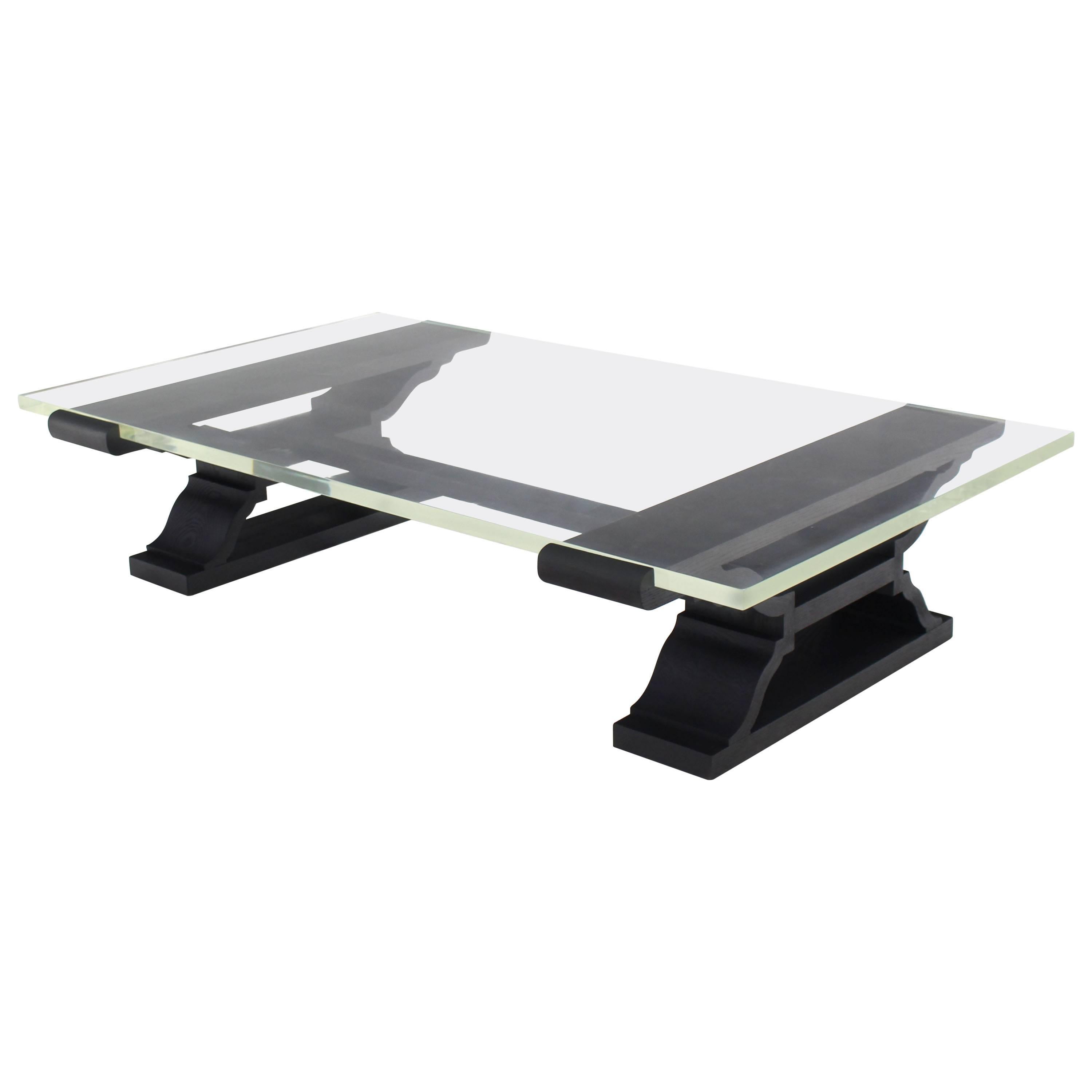 Very Large Heavy Ebonized Base Lucite Top Coffee Table For Sale