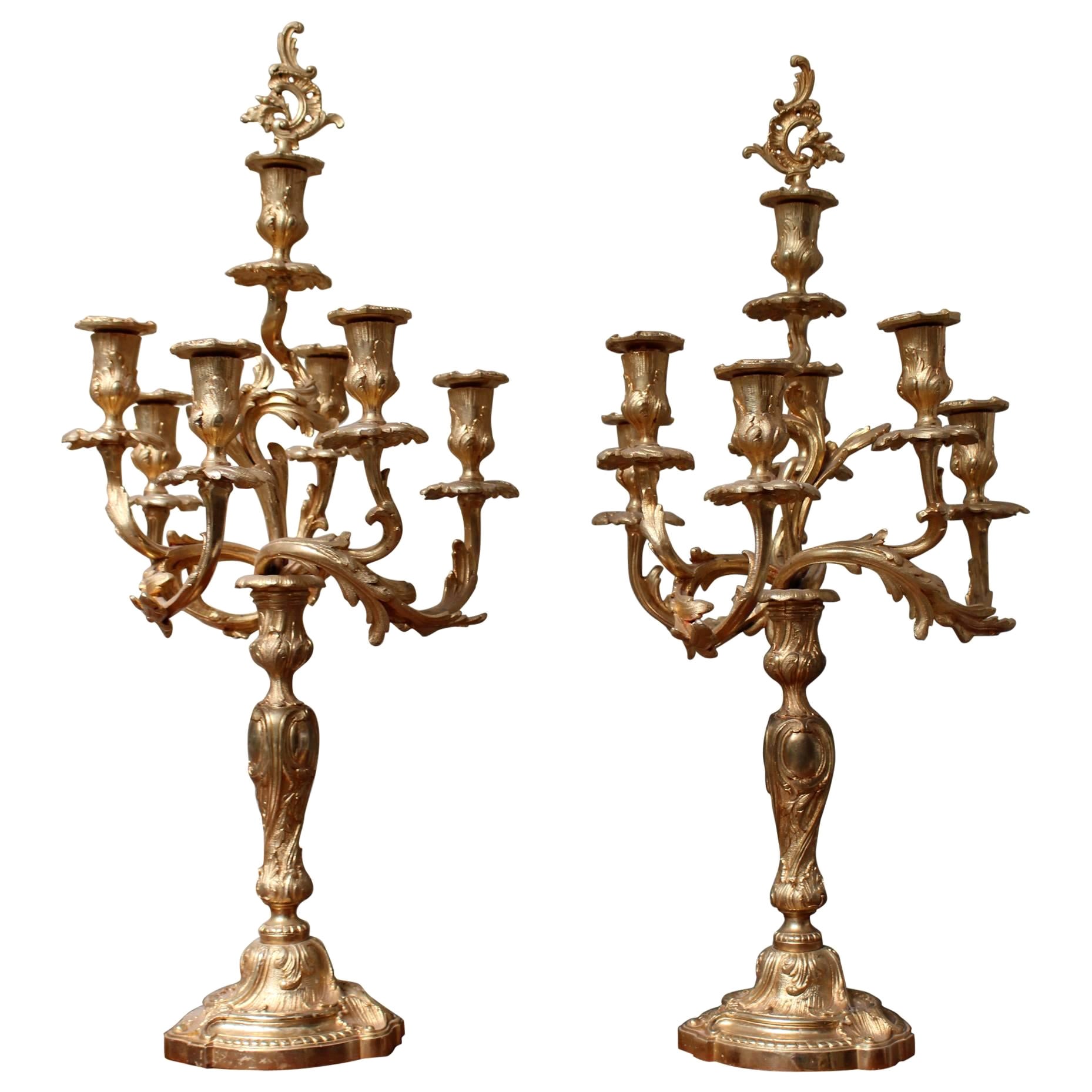 Pair of Large 19th Century Gold French Louis XV Style Gilded Bronze Candelabra