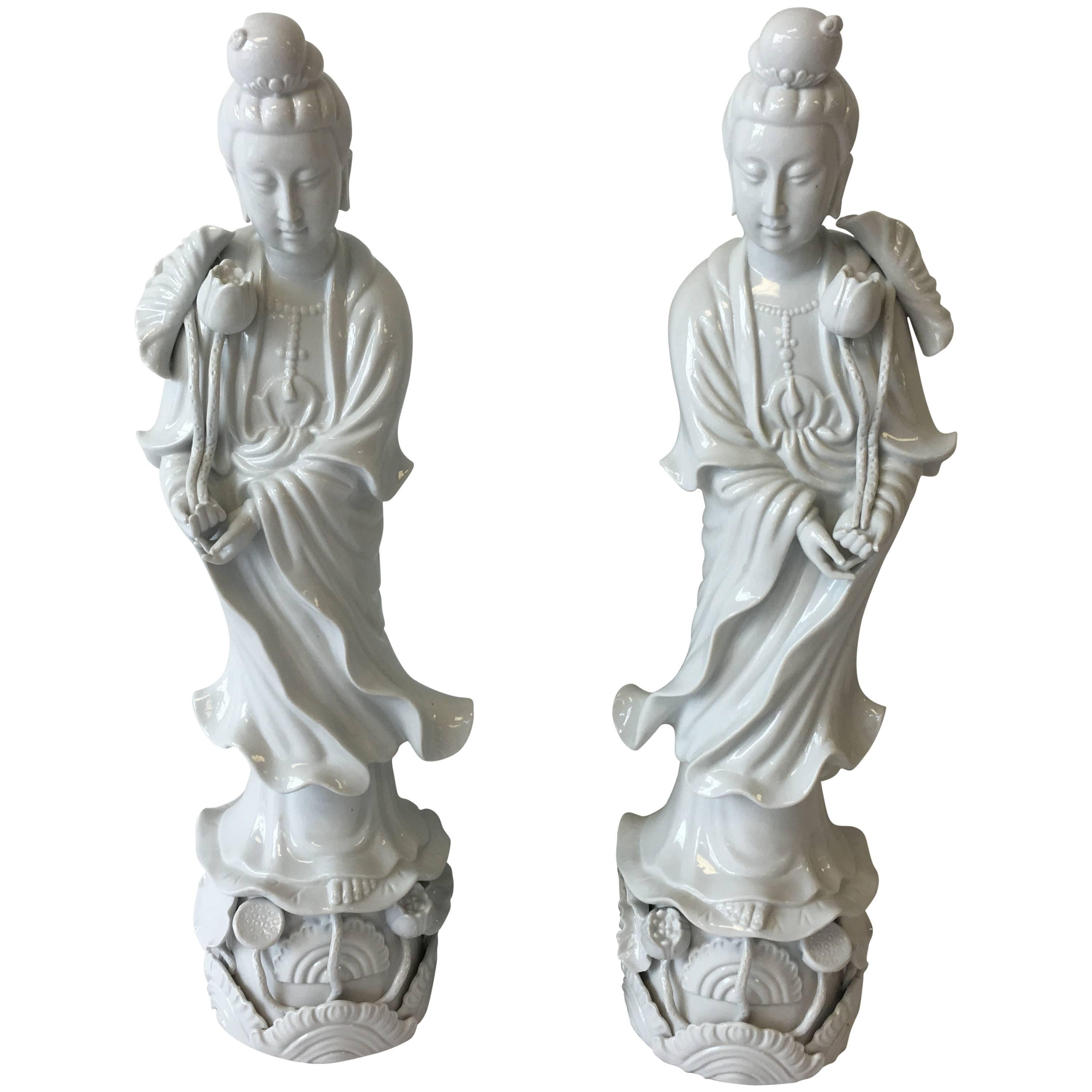 Large Blanc de Chine Guan Yin Statues, Pair