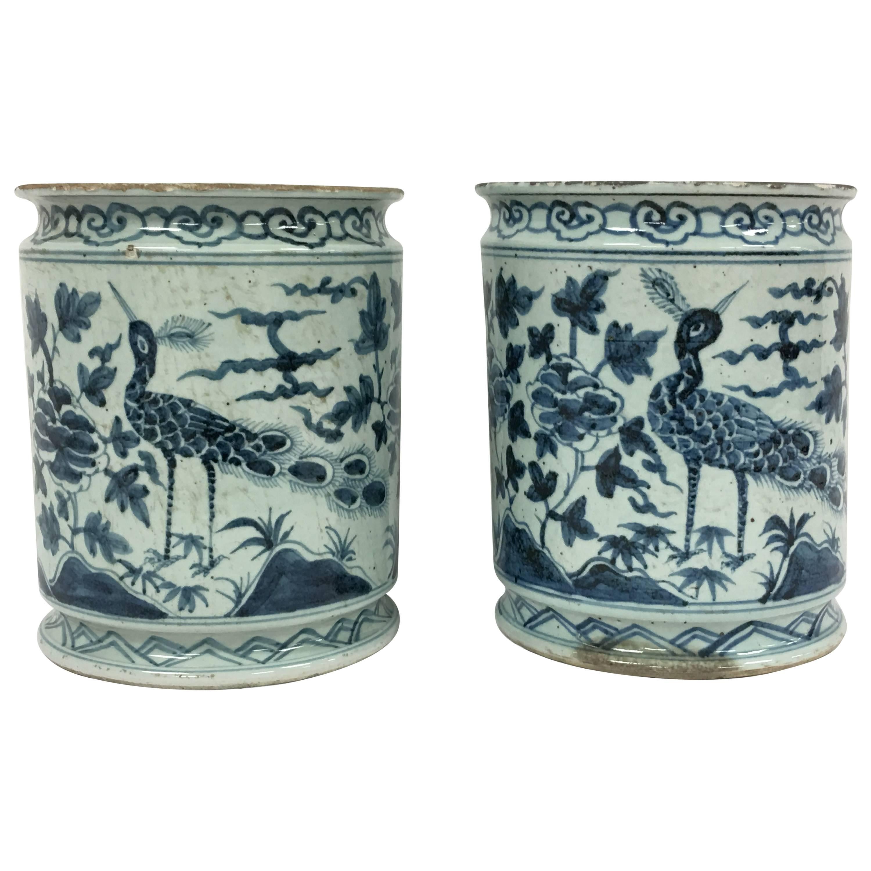 Pair of Blue and White Asian Peacock Planters