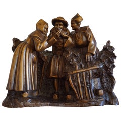 Antique & Large Hand Carved & Signed Wooden French Group Sculpture 'the Gossip'