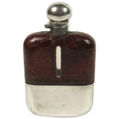 Early 20th Century English Silver and Alligator Skin Covered Glass Hip Flask