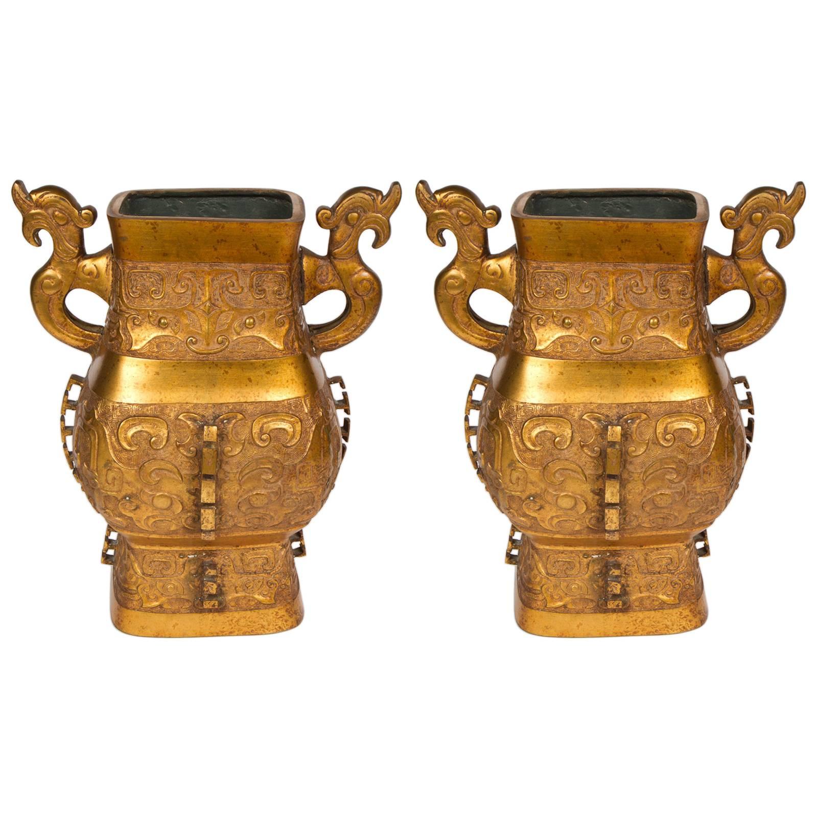 Impressive Pair of Archaistic Style Bronze Vases