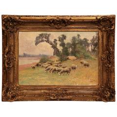 19th Century French Sheep Painting in Original Gilt Frame Signed E. Pail