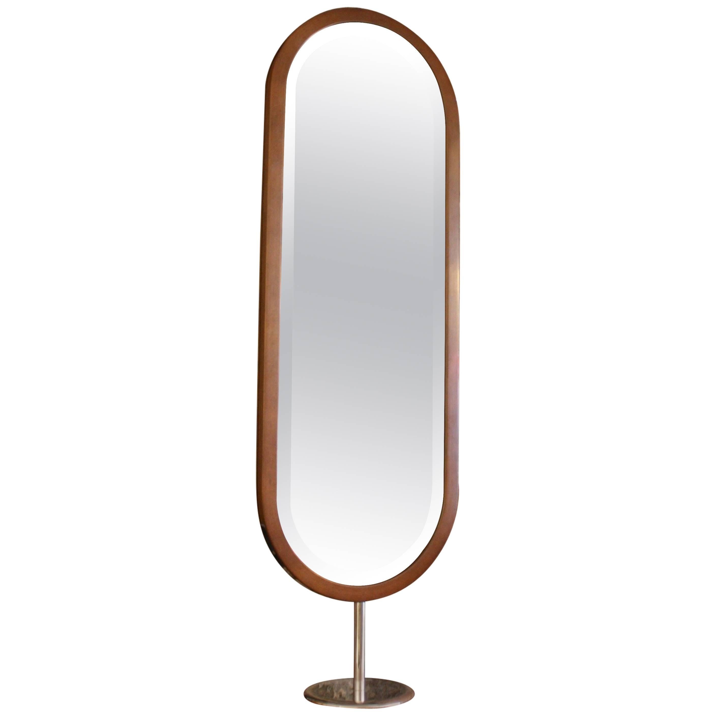 Italian Mid-Century Modern Walnut and Chromed Steel Tall Tabletop Mirror