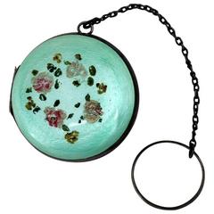 Art Deco Turquoise Guilloche and Sterling Chatelaine Tiny Ring Compact 8