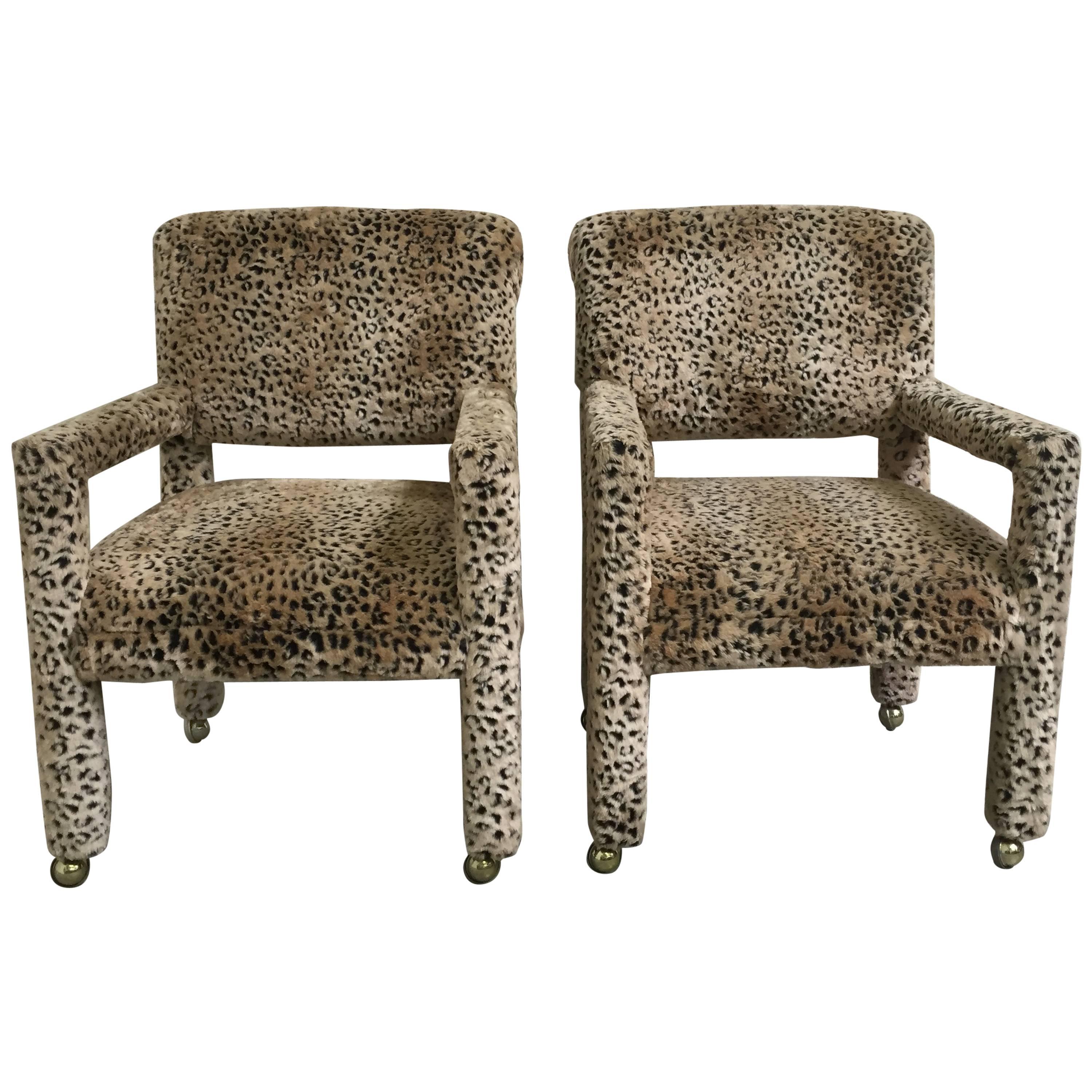 Pair of 1970s Leopard Parson Chairs in the Style of Milo Baughman For Sale