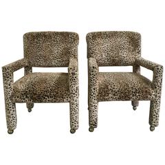 Pair of 1970s Leopard Parson Chairs in the Style of Milo Baughman