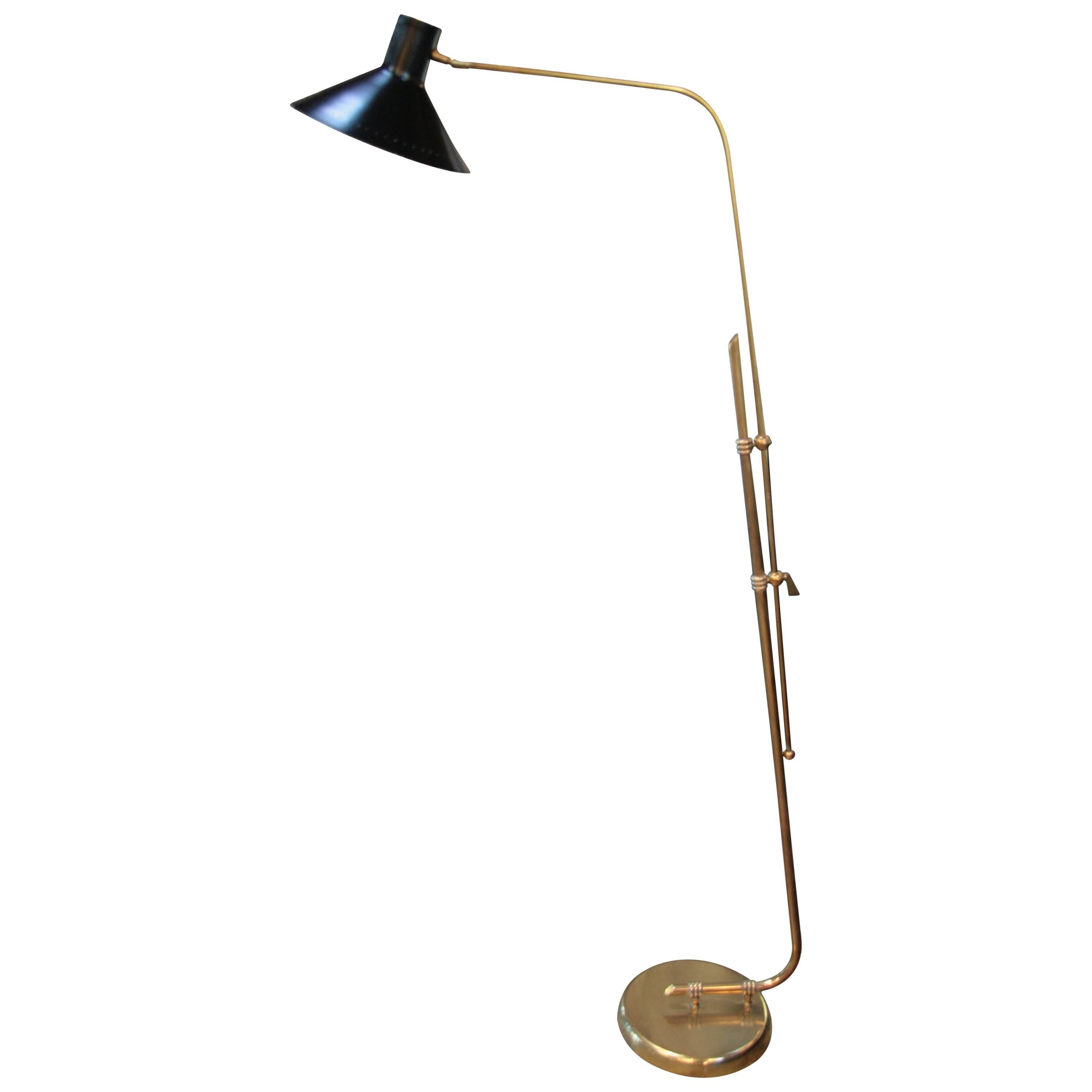 Italian 1960 Floor Lamp with Brass Base and Adjustable Height