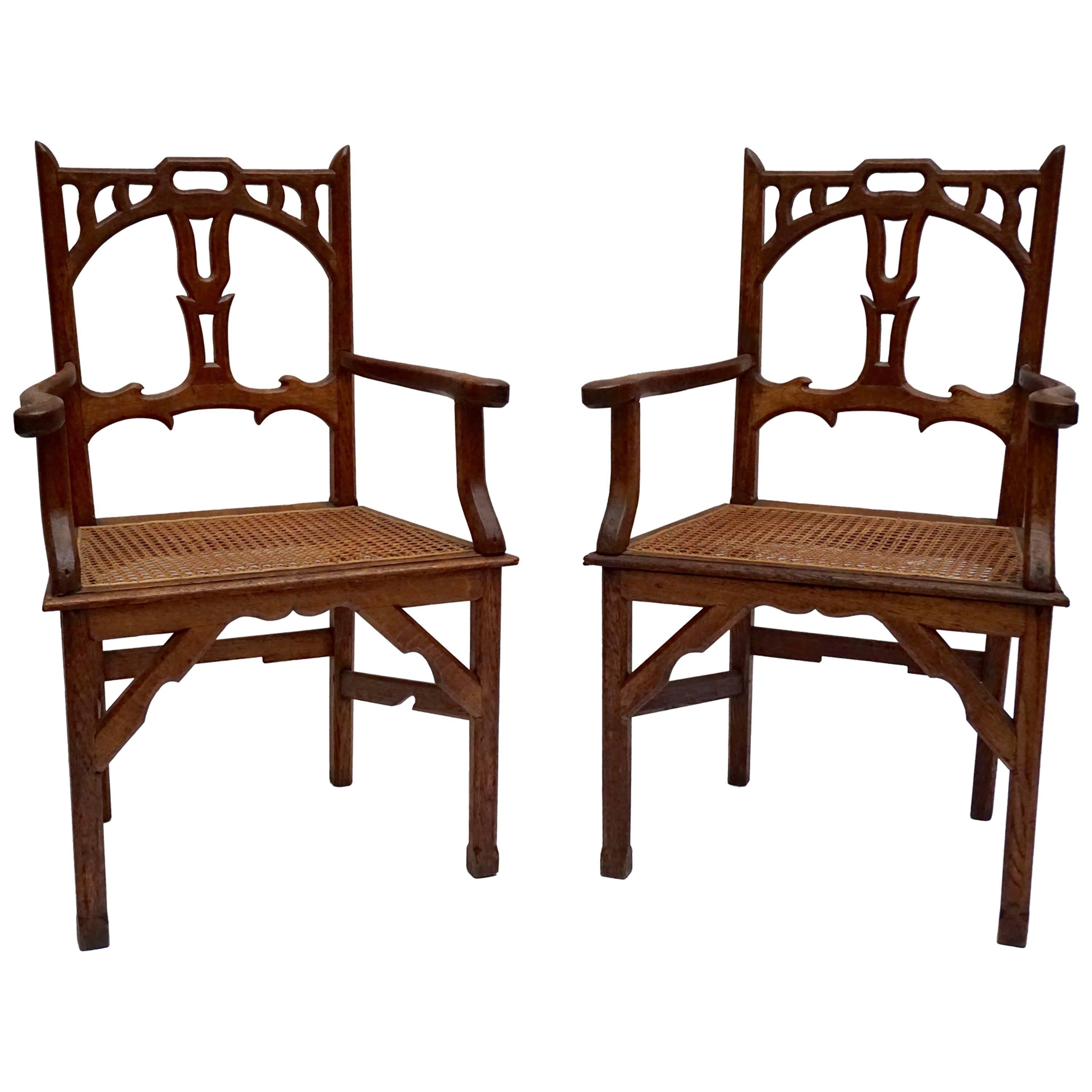 Two Italian Art Nouveau Carved Teak Armchairs