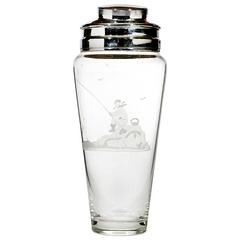 Art Deco Etched Glass Cocktail Shaker with Man Fishing
