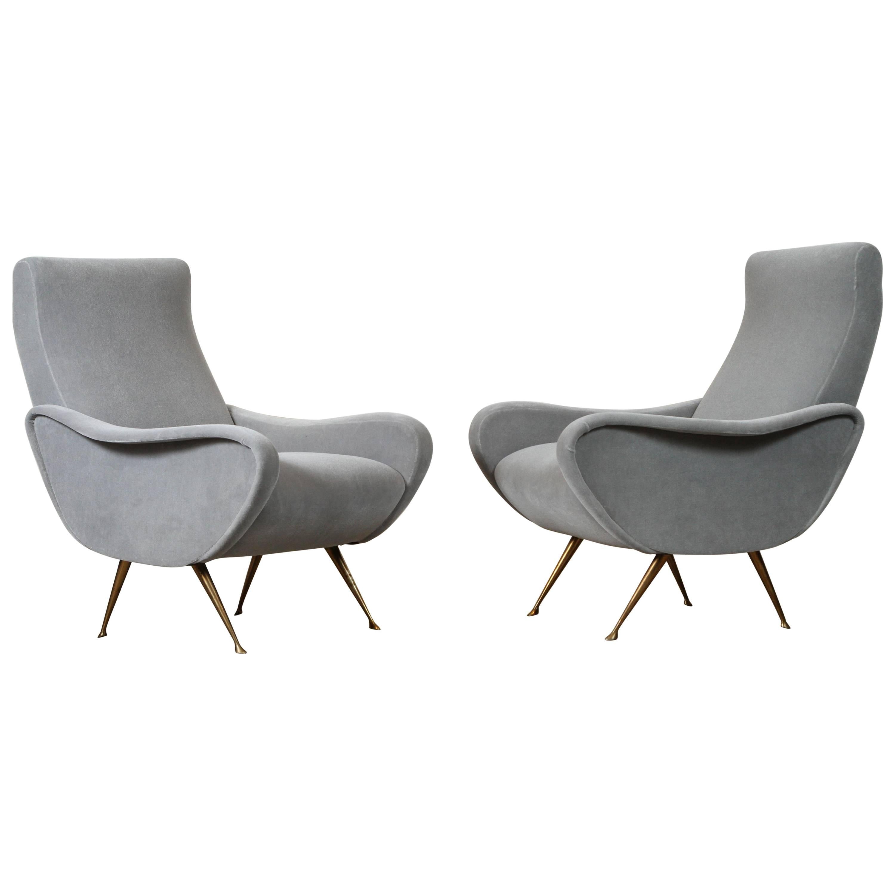 Pair of Italian Lounge Chairs in Platinum Mohair