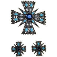 Retro Signed Art Maltese Cross Brooch and Earrings Demiparure Set Silvertone