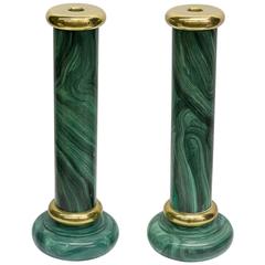 Vintage Pair of Green 1970s Faux-Malachite Finish Candleholders