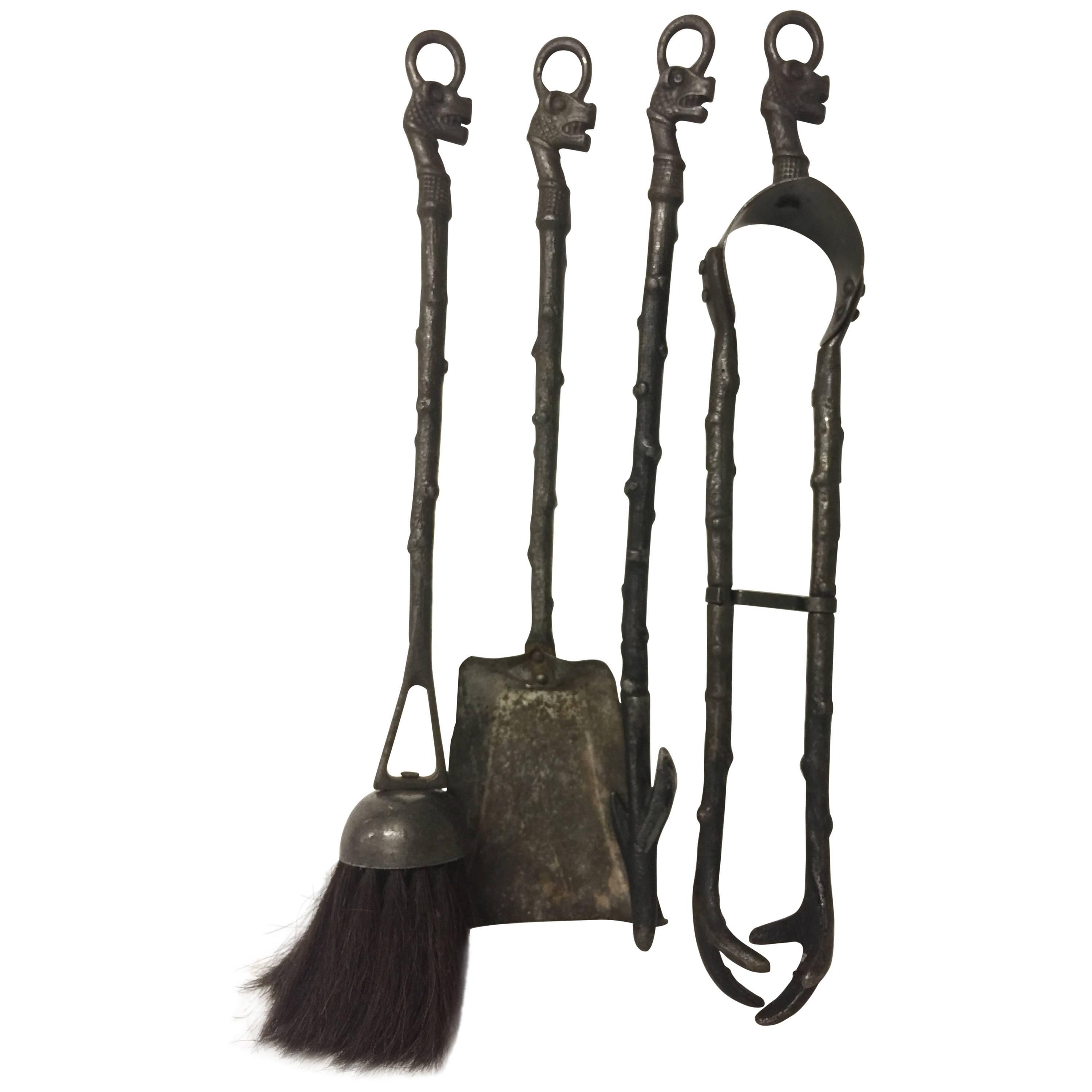 Set of Four Fireplace Tools, Figural Beast or Dragon Design on Twig Style Shafts