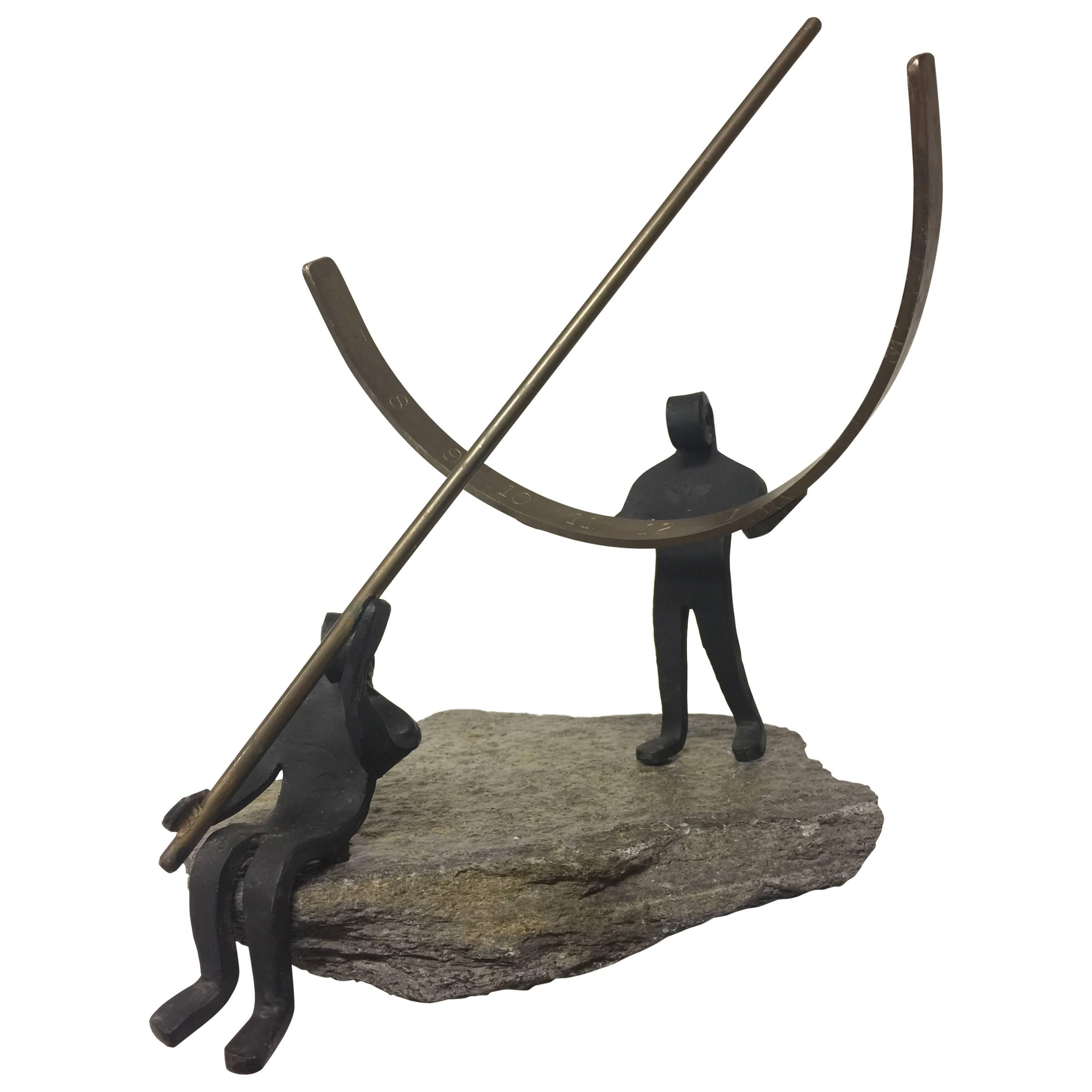 Vintage Modernist Style Wrought Iron Brass and Stone Figural Polar Sundial For Sale