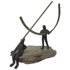 Vintage Modernist Style Wrought Iron Brass and Stone Figural Polar Sundial