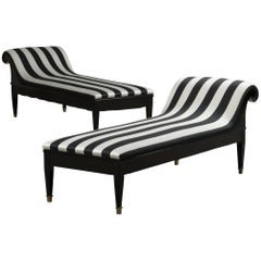 Antique Pair of Art Deco Daybeds Upholstered with Black and White Striped Fabric