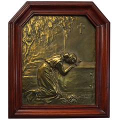 Art Nouveau Bronze or Bronzed Plaque of a Lady Mourning by a Grave, circa 1900