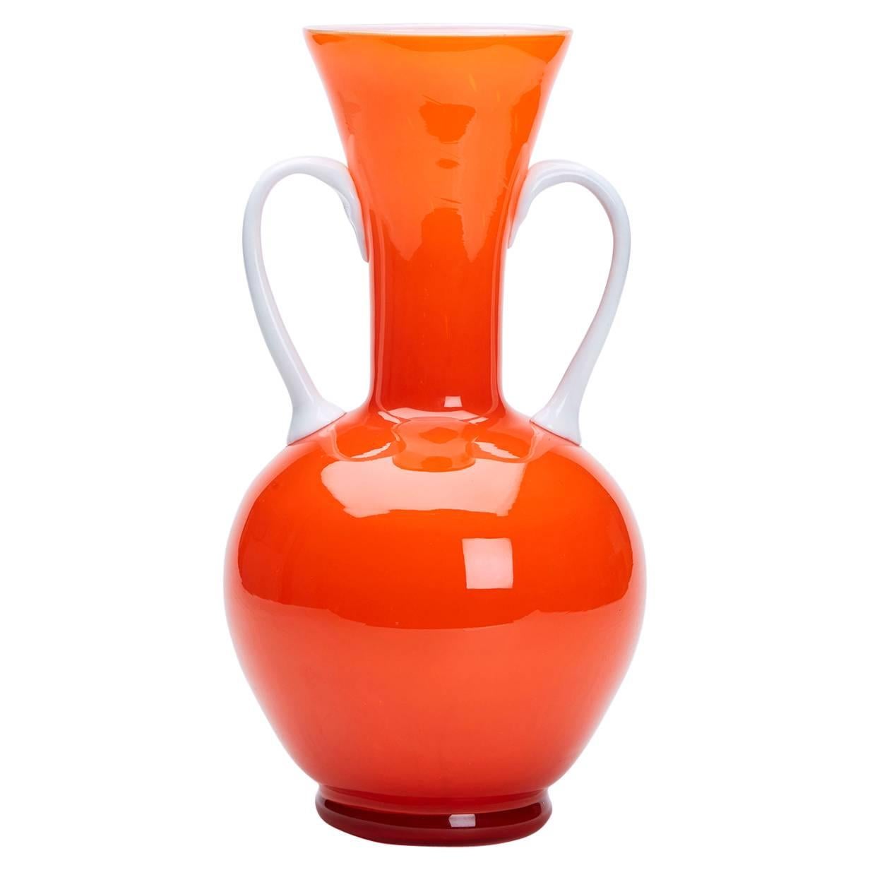 Vintage Italian Empoli Orange Cased Twin Handled Vase, 1960