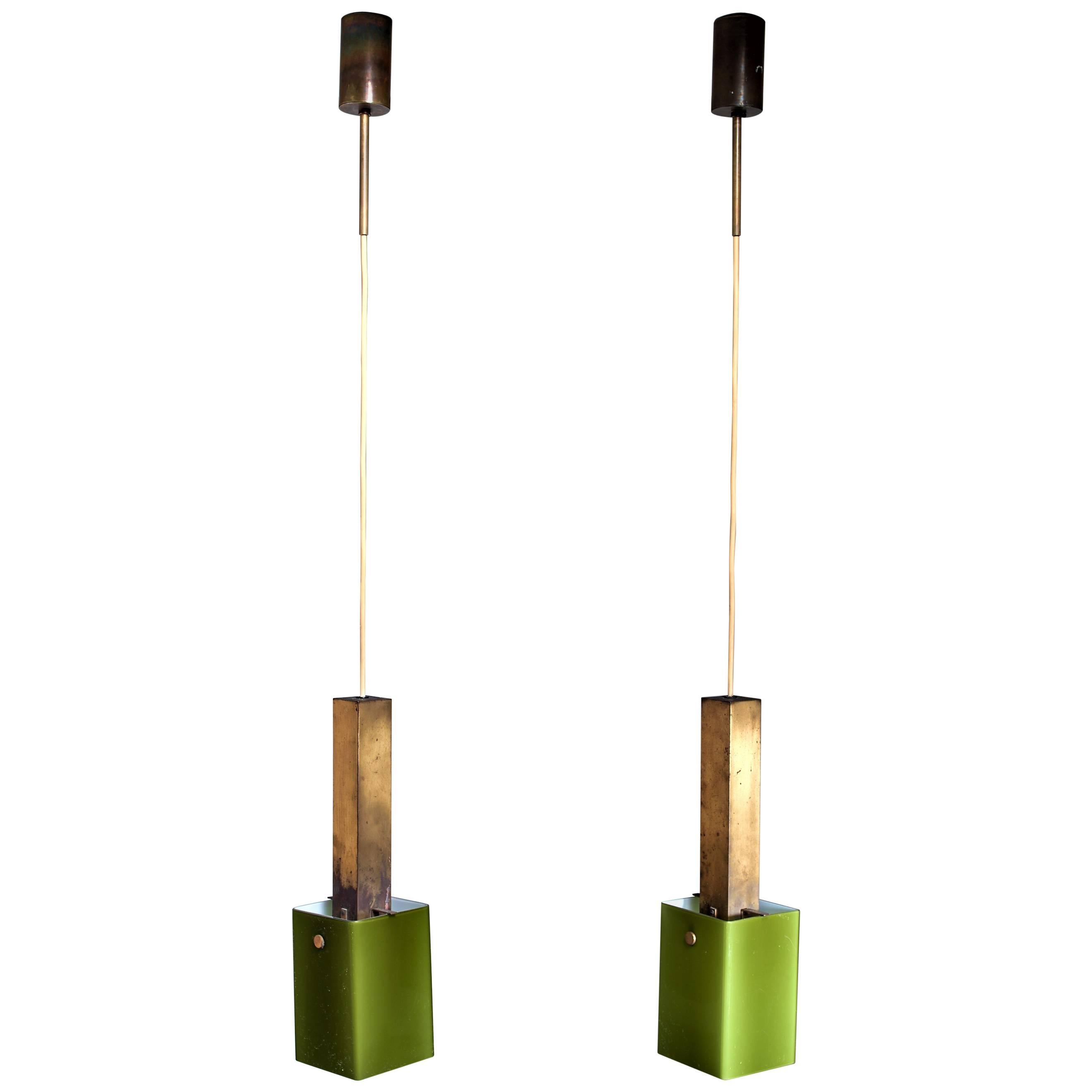 Pair of Brass and Green Glass Pendants, 1950s
