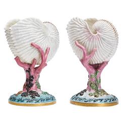 Fine Pair of Antique Royal Worcester Nautilus Vases, 1867