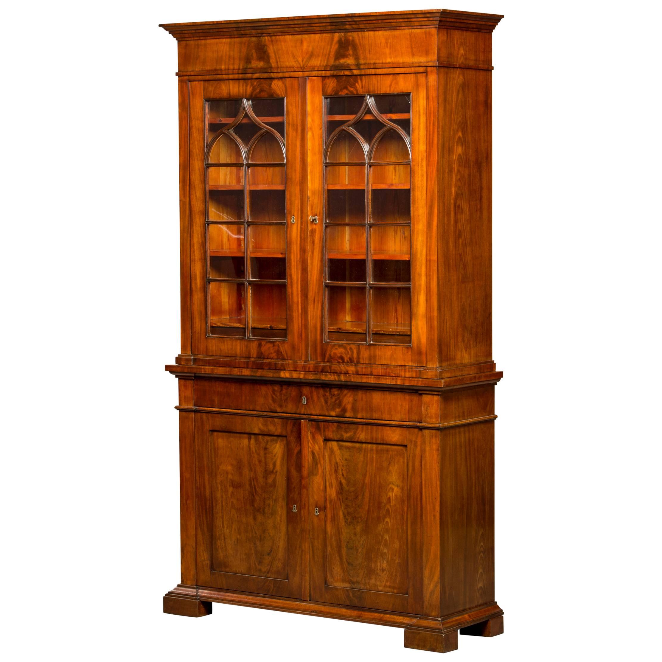 Late Empire Bookcase in Neo-Gothic Style Made of Cuban Mahogany