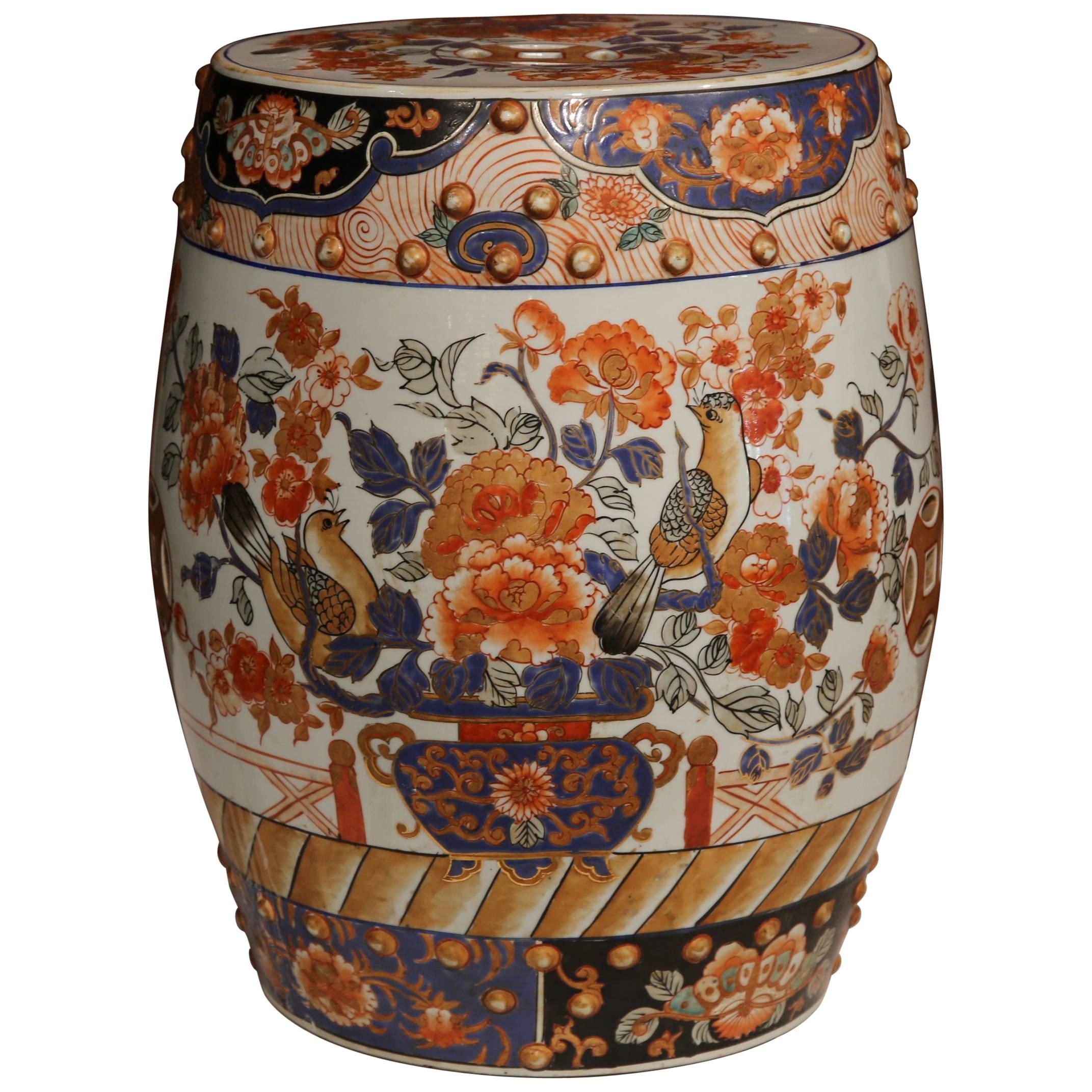 19th Century Japanese Hand-Painted Porcelain Imari Stool with Birds and Flowers