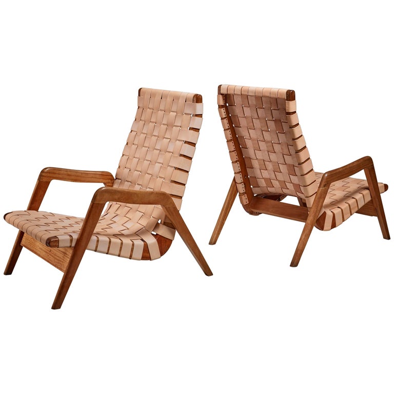 Pair Of Mexican Lounge Chairs With Leather Webbing 1950s For Sale