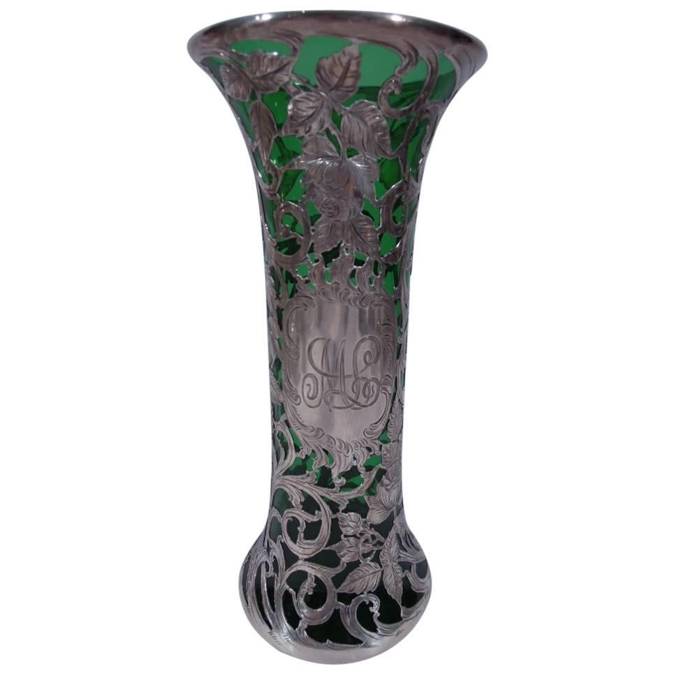 Alvin Art Nouveau Emerald Glass Vase with Floral Silver Overlay