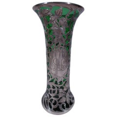 Alvin Art Nouveau Emerald Glass Vase with Floral Silver Overlay