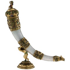 Ancienne corne de chasse autrichienne en argent doré, cristal de roche et émail, vers 1890