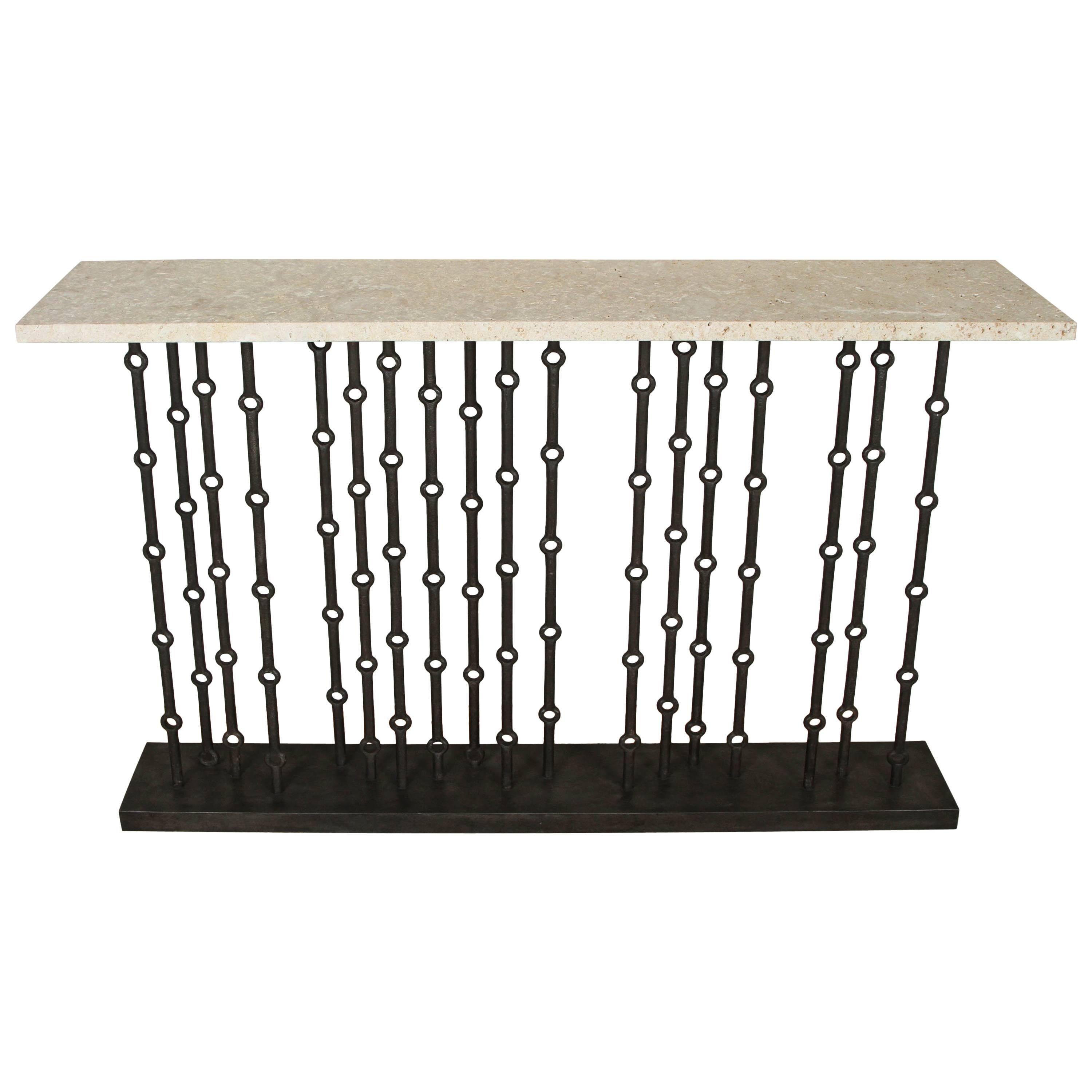 Paul Marra Iron Console with Stone Top For Sale