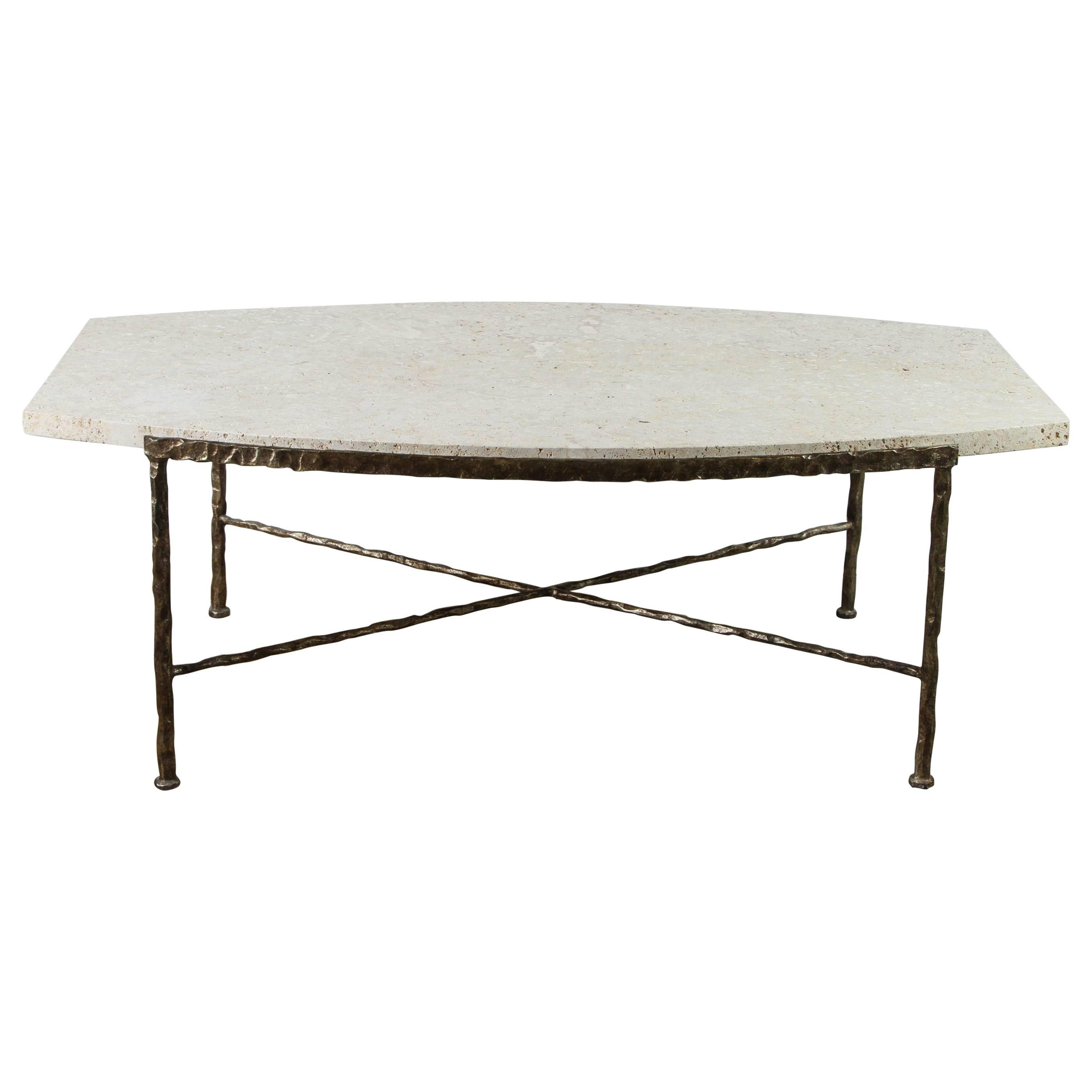 Paul Marra Ellipse Cocktail Table in Textured Gold Iron and Stone For Sale