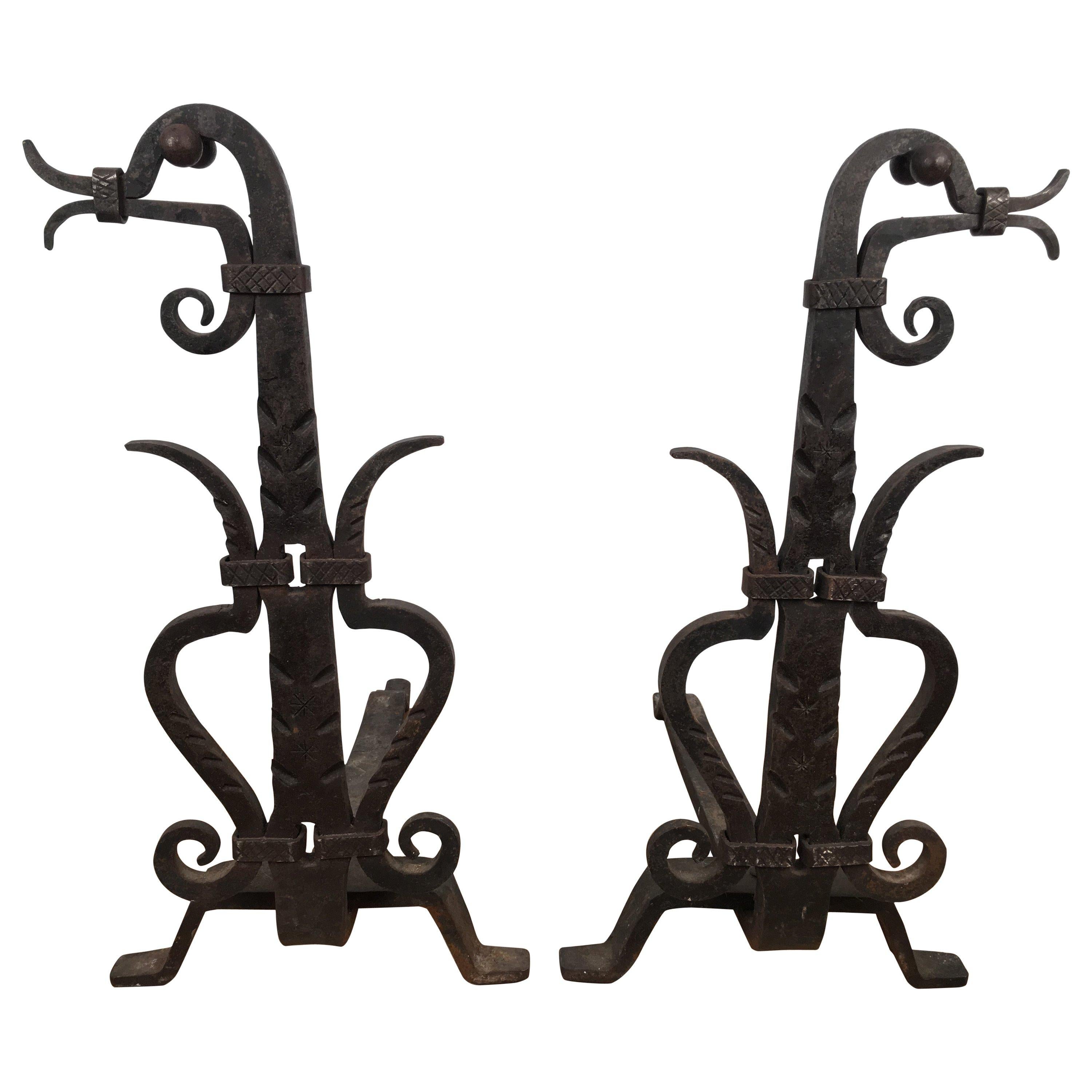 Pair of Wrought Iron Figural Bird Andirons For Sale
