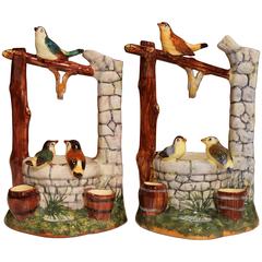 Pair of 19th Century French Barbotine Wells with Birds Signed J. Massier