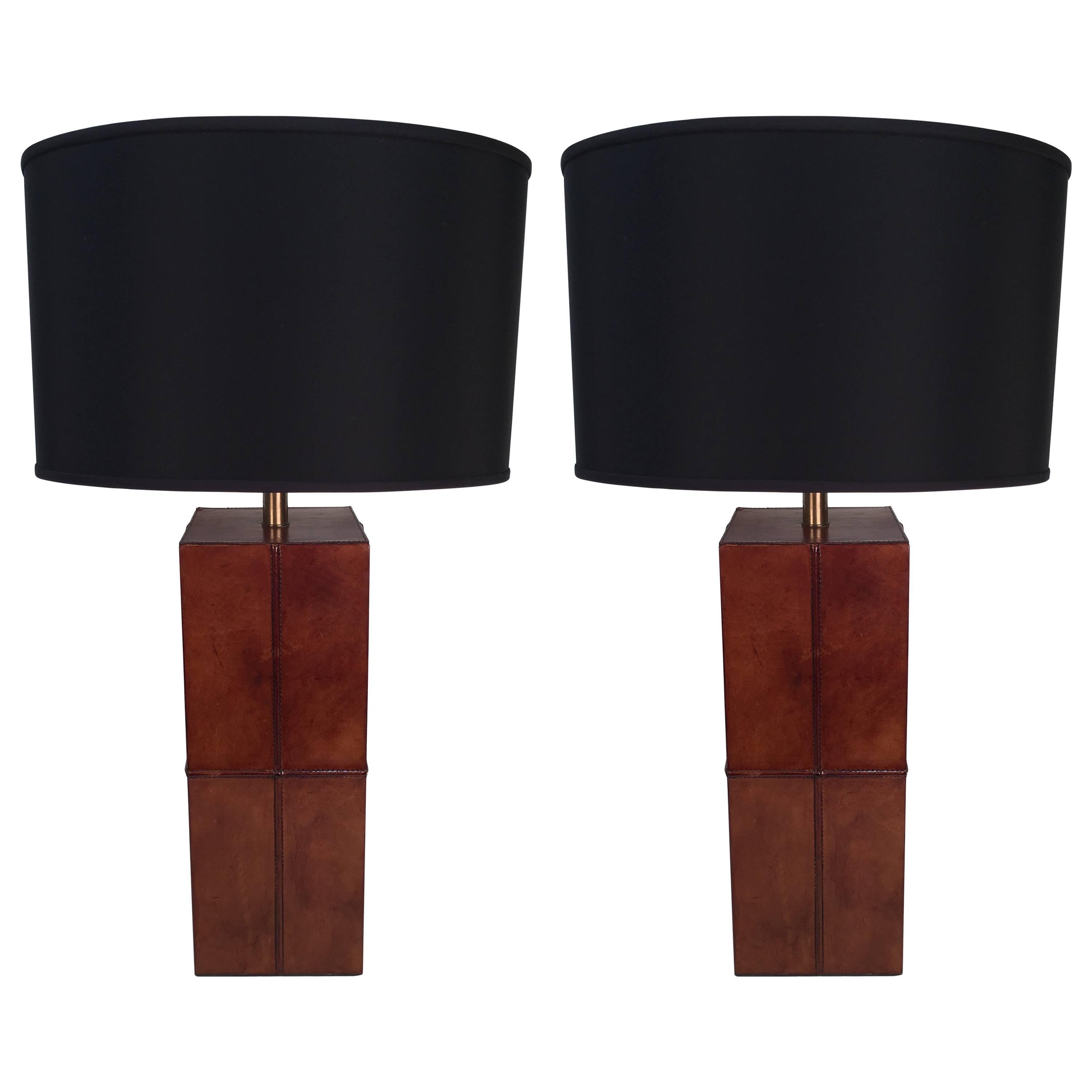 Pair of Stitched Leather Table Lamps For Sale