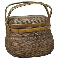 Antique Meiji Period Japanese Woven Copper and Lacquer Basket 
