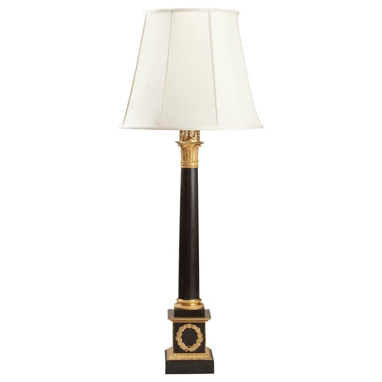 A Remarkably Tall Empire Tole And Gilt Bronze Corinthian Column Lamp A Remarkably Tall Empire Tole And Gilt Bronze Corinthian Column Lamp For