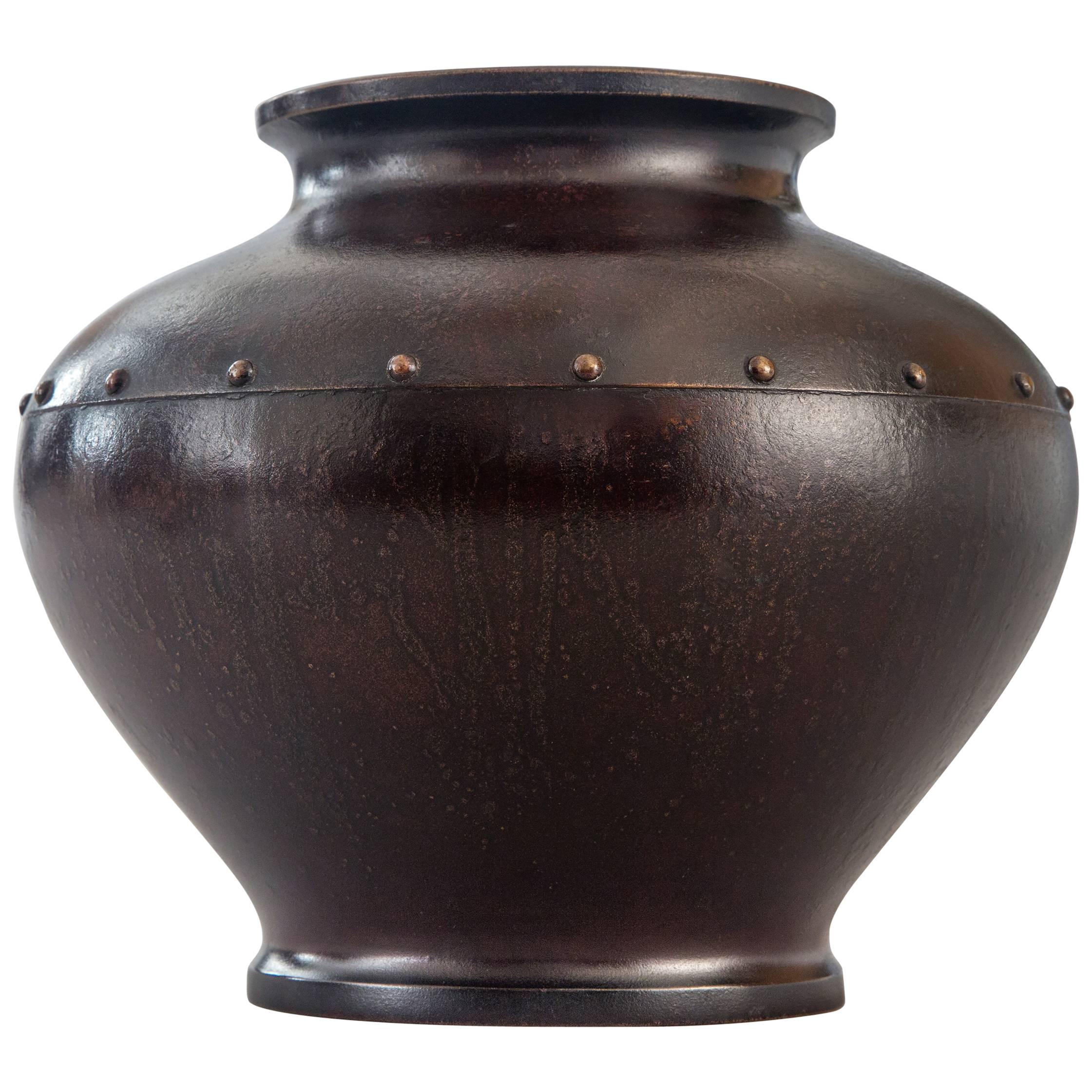 Japanese Bronze Vase Decorated with a Ring of Studs  For Sale