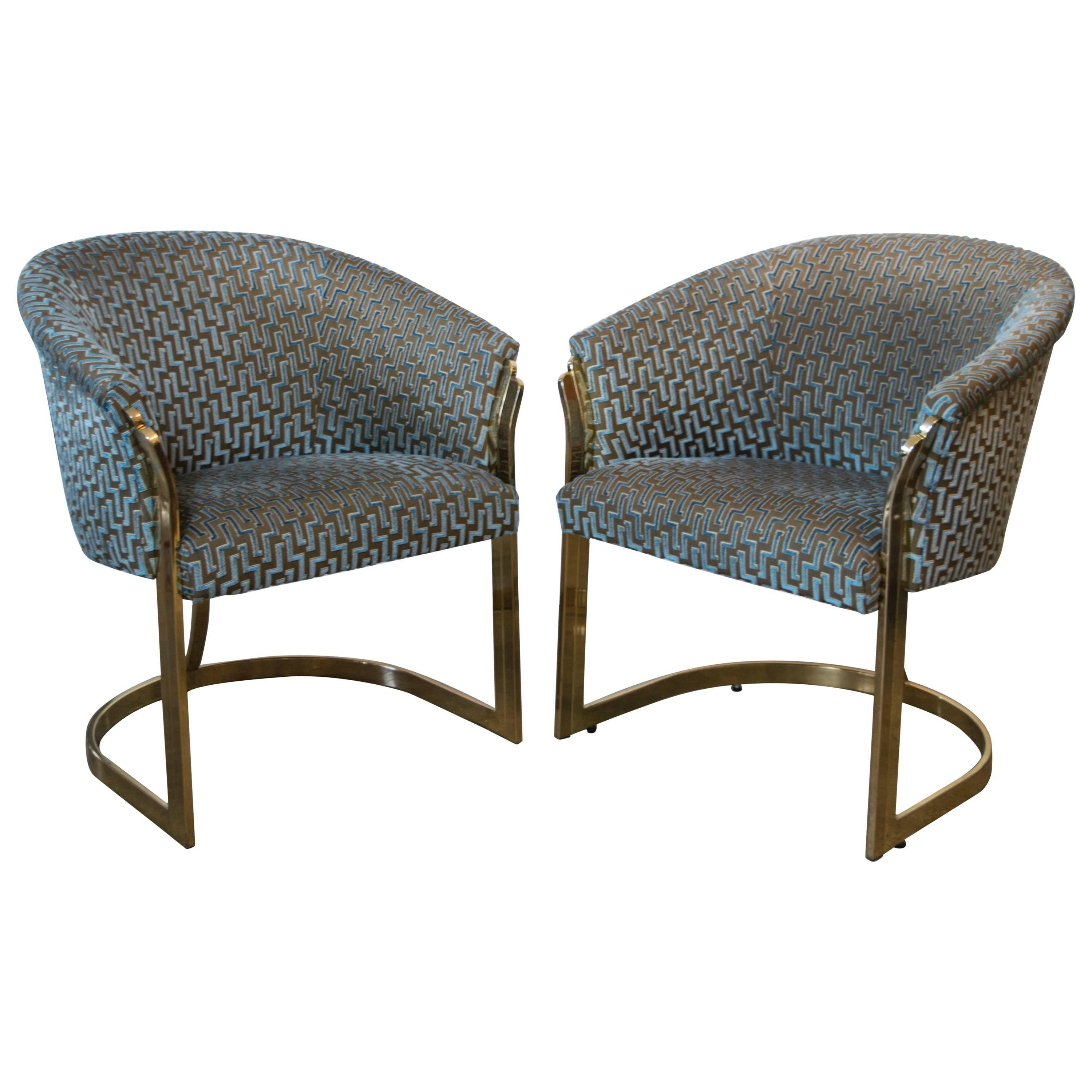 Cantilevered Brass Club Chairs in the Style of Milo Baughman For Sale