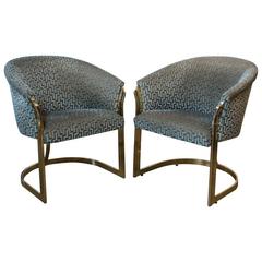 Cantilevered Brass Club Chairs in the Style of Milo Baughman