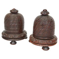 Antique Hand-Carved Wood Beehive String Holders