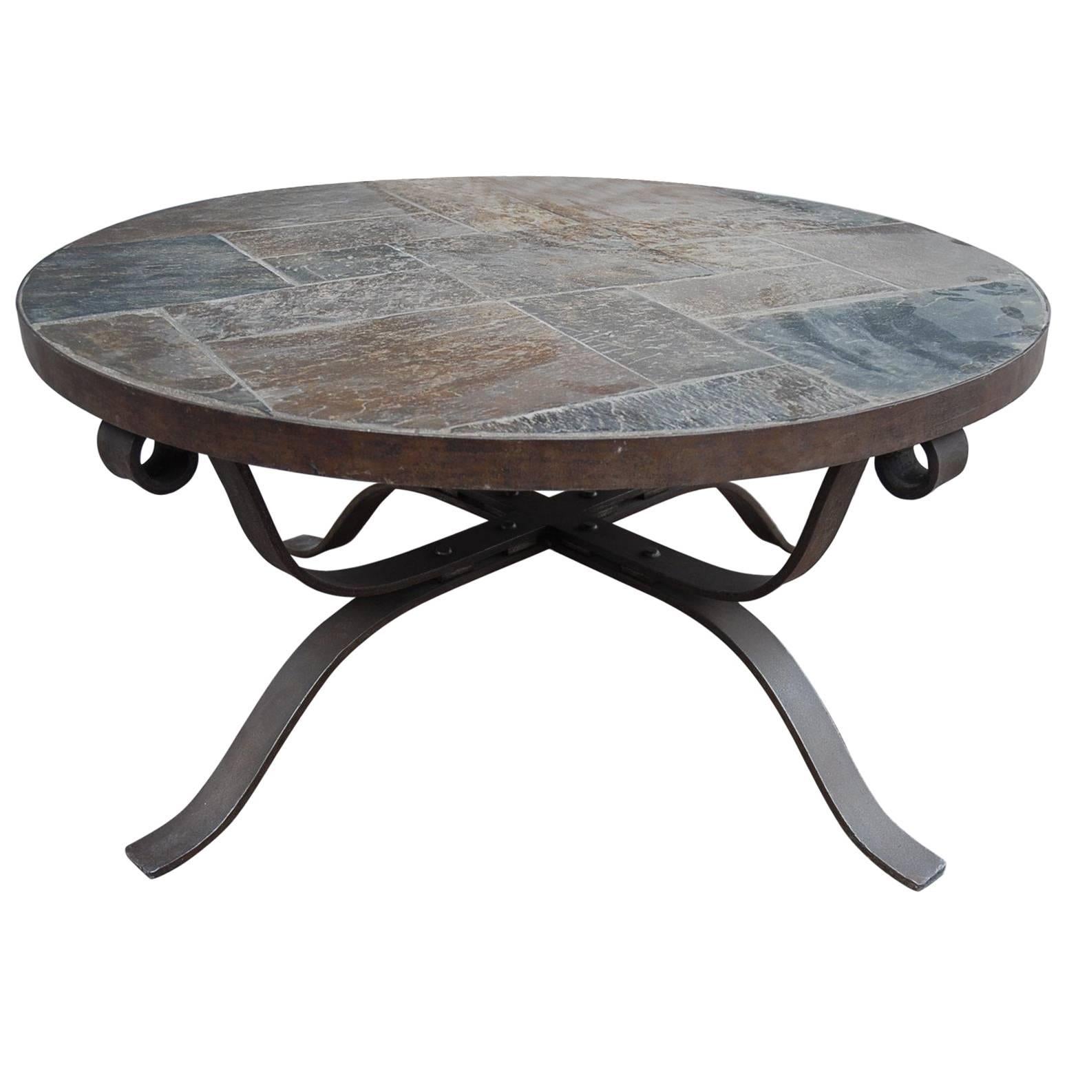 Midcentury Wrought Iron and Slate, Round Shape Coffee Table or Cocktail table For Sale