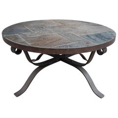 Retro Midcentury Wrought Iron and Slate, Round Shape Coffee Table or Cocktail table