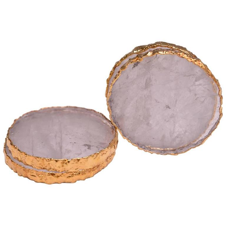 Group of Four Circular Clear Rock Crystal Quartz Coasters For Sale at
