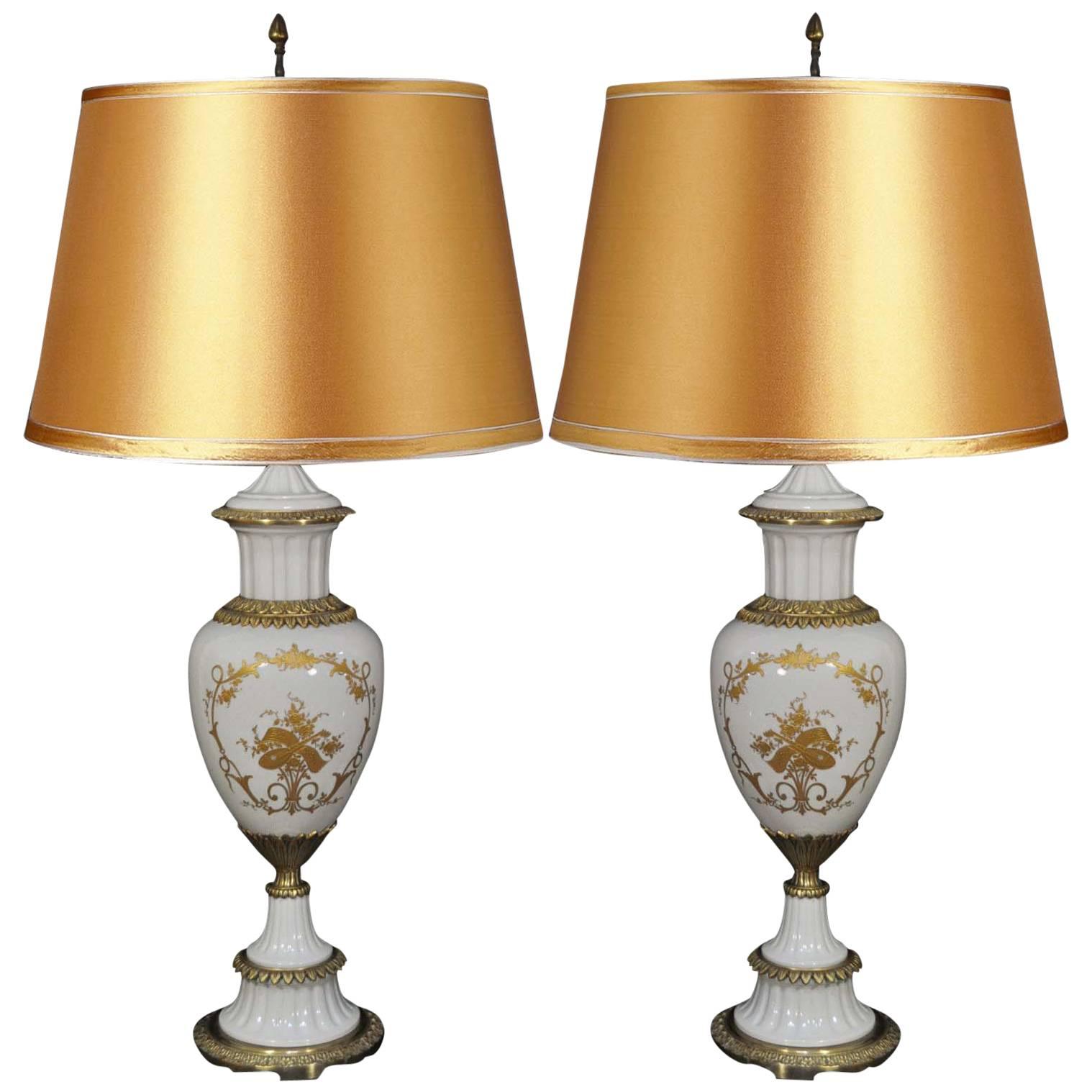 Pair of Sèvres French Hand-Painted Porcelain Urn Form Table Lamps White & Gold